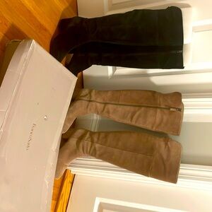 Beige and Black Franco Sarto Over kneew boots- black heel has slight fabric tear